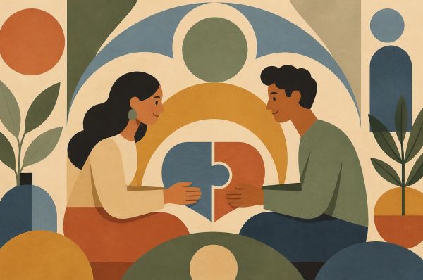two people holding two pieces of puzzle completing themselves resembling a healthy relationship