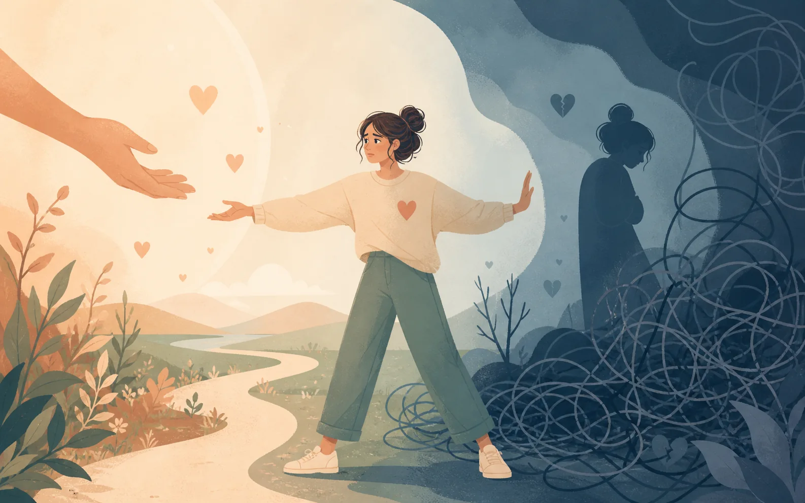 Person reaching toward an outstretched hand but pulling back at the last second