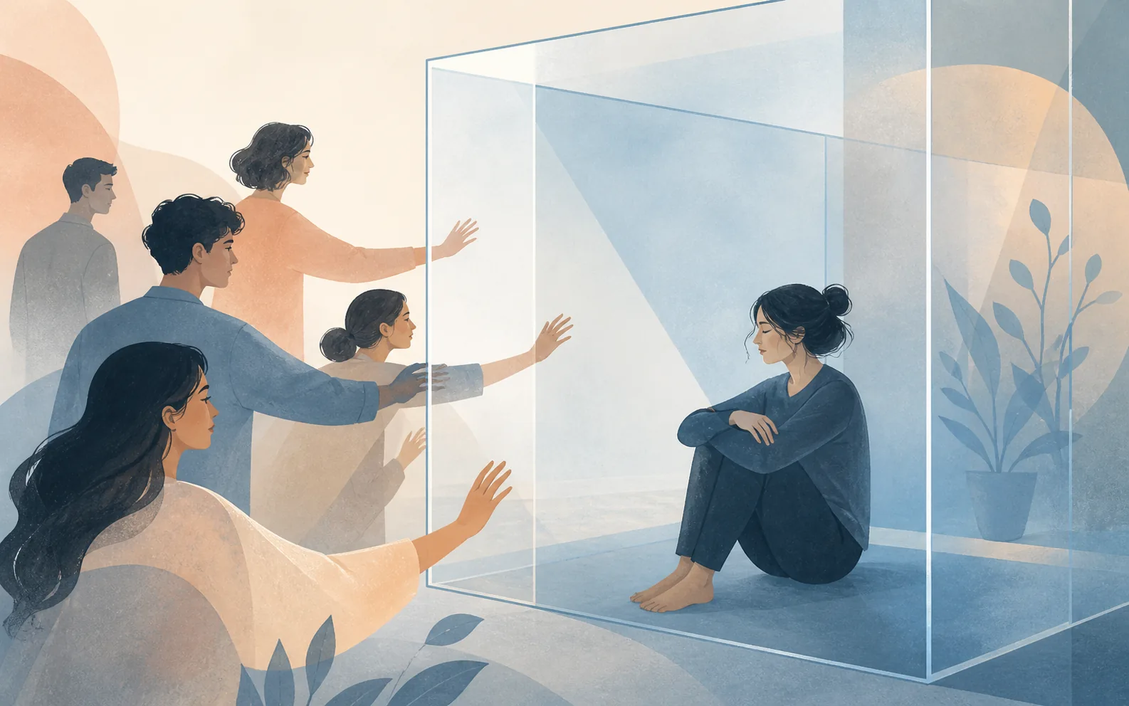 person sitting inside a transparent room while others are trying to reach out to him