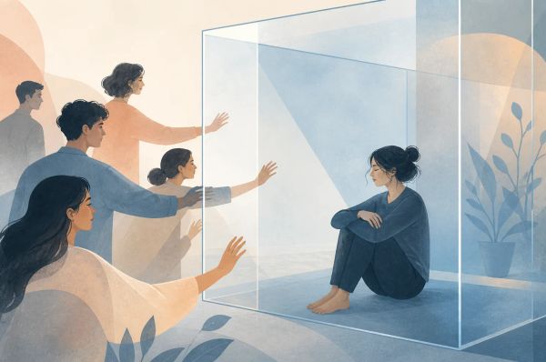 person sitting inside a transparent room while others are trying to reach out to him