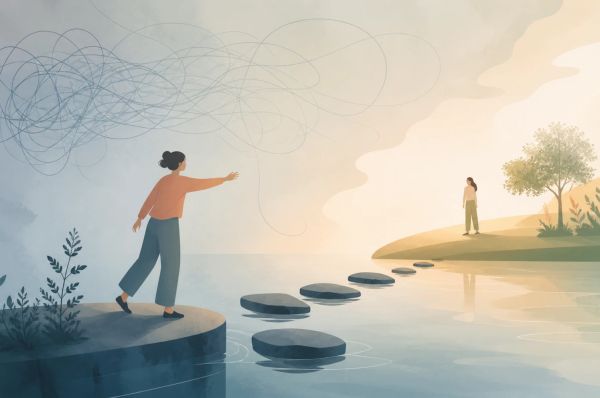 A person stands on one side of calm water reaching toward another figure across stepping stones