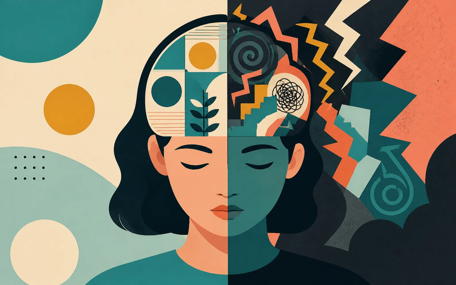 an image of a person split in two halves one half is tidy and in order while the other half is messy