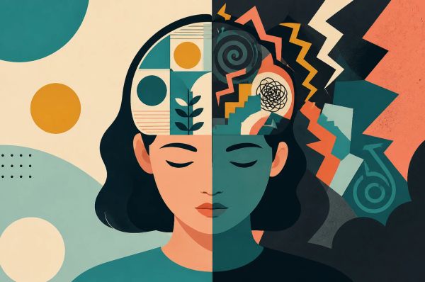 an image of a person split in two halves one half is tidy and in order while the other half is messy