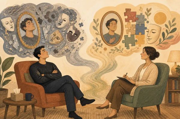 a narcissist patient sitting in the clinic with a a therapist
