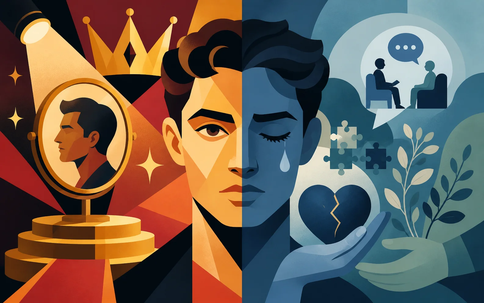 an image of a person split into two halves one half resembles narcissism and the other half resembles inner suffering