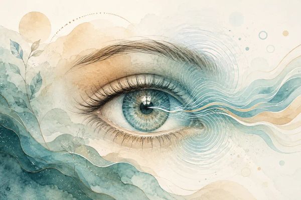 stylized eye figure with gentle wave-like ray flowing through it