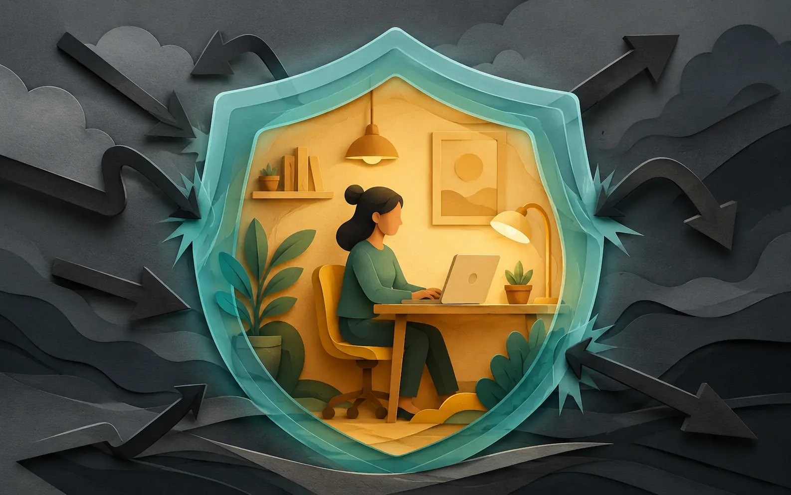 Person working calmly at a desk surrounded by a shield deflecting dark arrows resembling protection
