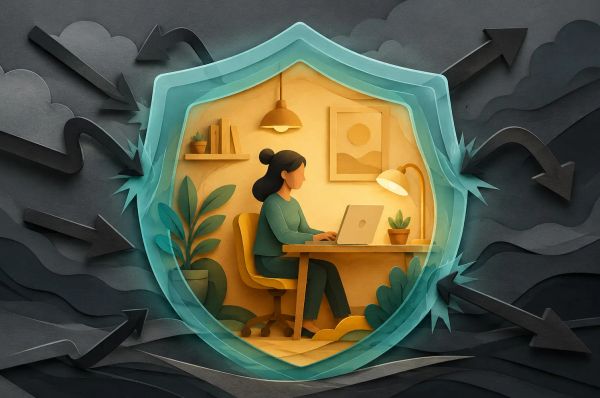 Person working calmly at a desk surrounded by a shield deflecting dark arrows resembling protection