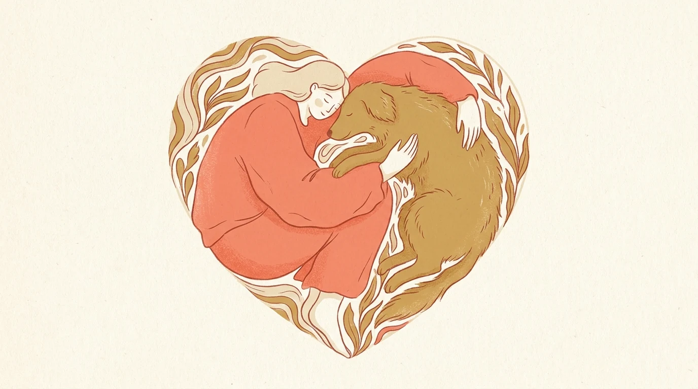 a person and her pet dog hugging each other in a heart shaped position