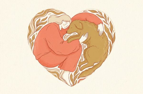 a person and her pet dog hugging each other in a heart shaped position