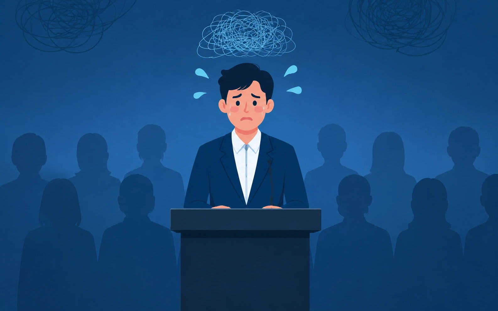 Person standing behind a podium taking a deep breath before speaking to a blurred audience