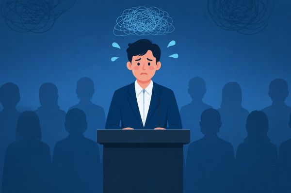 Person standing behind a podium taking a deep breath before speaking to a blurred audience