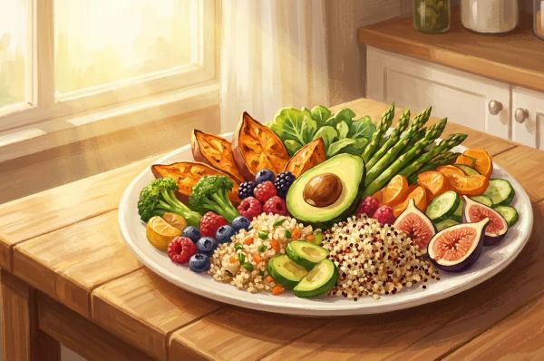 Colorful plate of fresh healthy food on a sunlit kitchen table with warm natural light