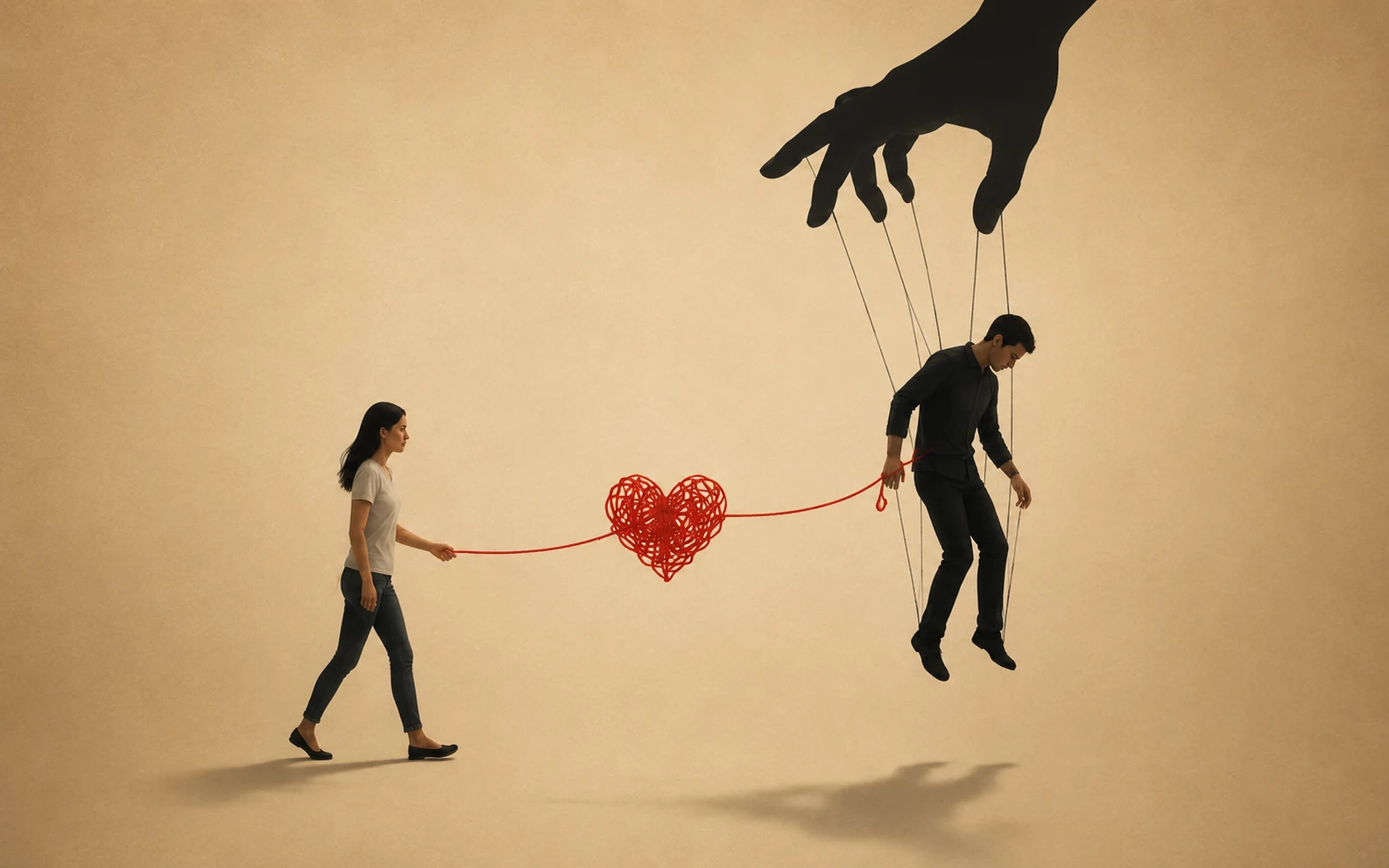 Person walking away from a narcissistic partner but a heart shaped thread holding him back