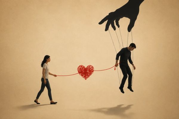 Person walking away from a narcissistic partner but a heart shaped thread holding him back