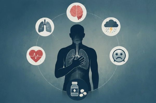 Person pressing hand to chest resembling shortness of breath