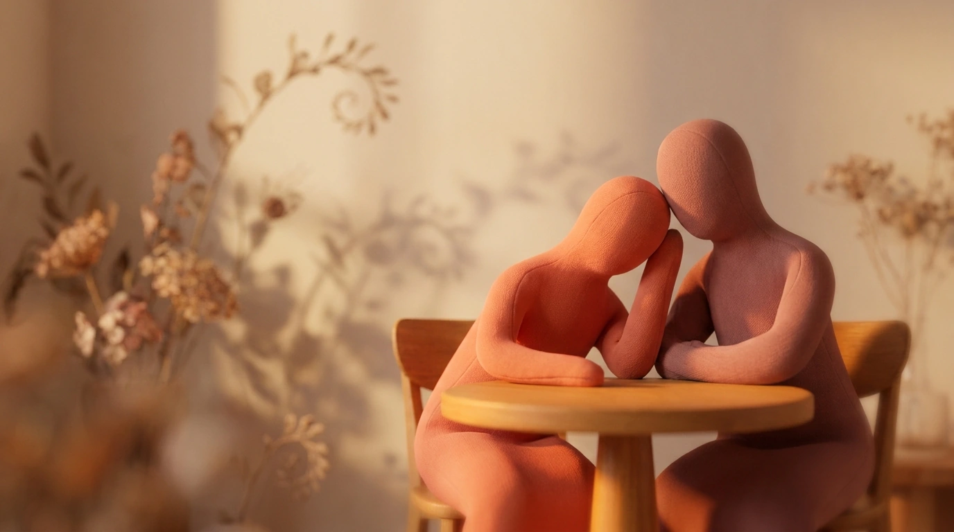 two human figures sitting at a table with gentle glow filling the room
