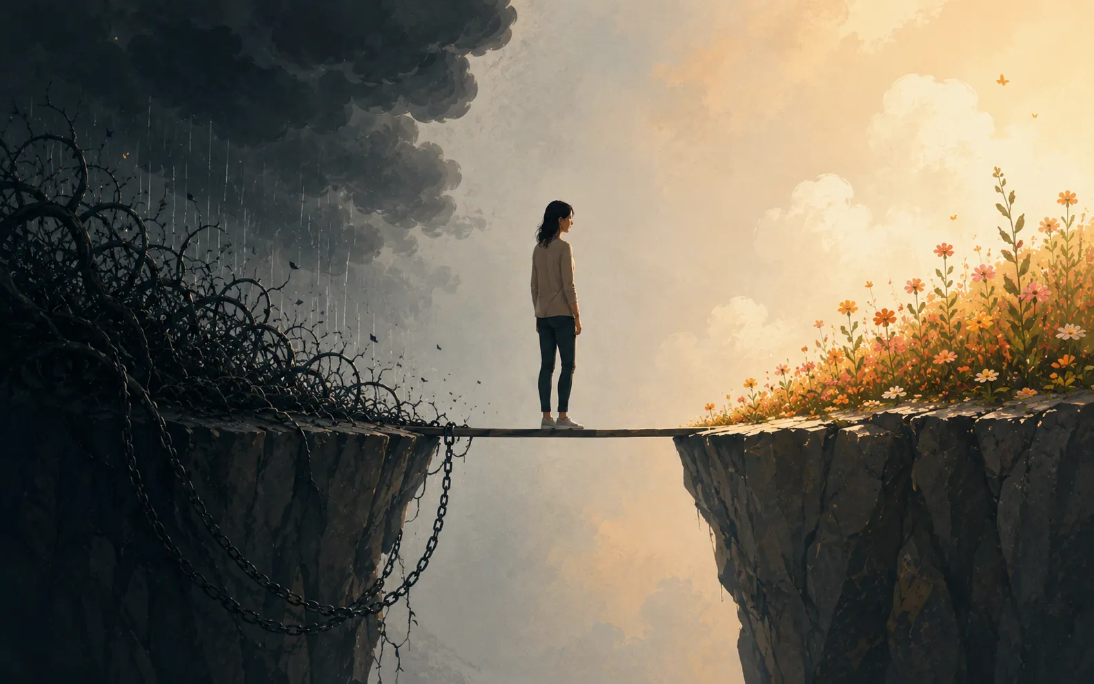 woman crossing from a dark side to a warm side full of blossomed flowers
