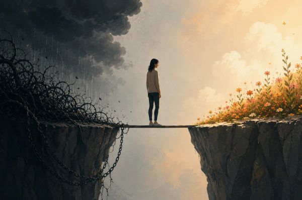 woman crossing from a dark side to a warm side full of blossomed flowers