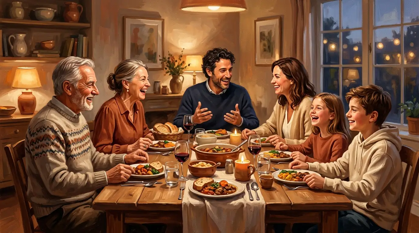 Family gathered around a dinner table engaged in warm conversation under evening light