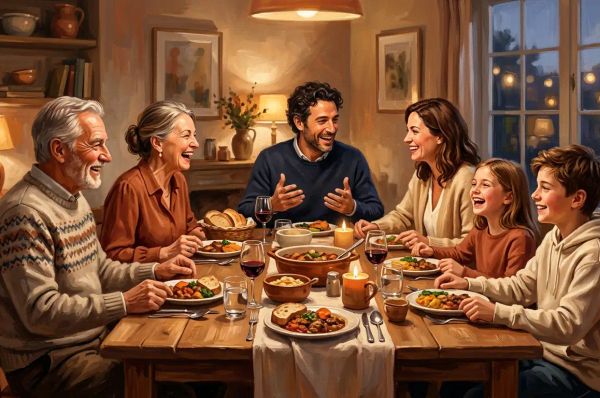 Family gathered around a dinner table engaged in warm conversation under evening light