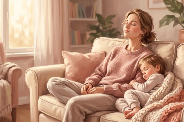 Young mother sitting quietly on a sofa with a sleeping child taking a peaceful moment to breathe
