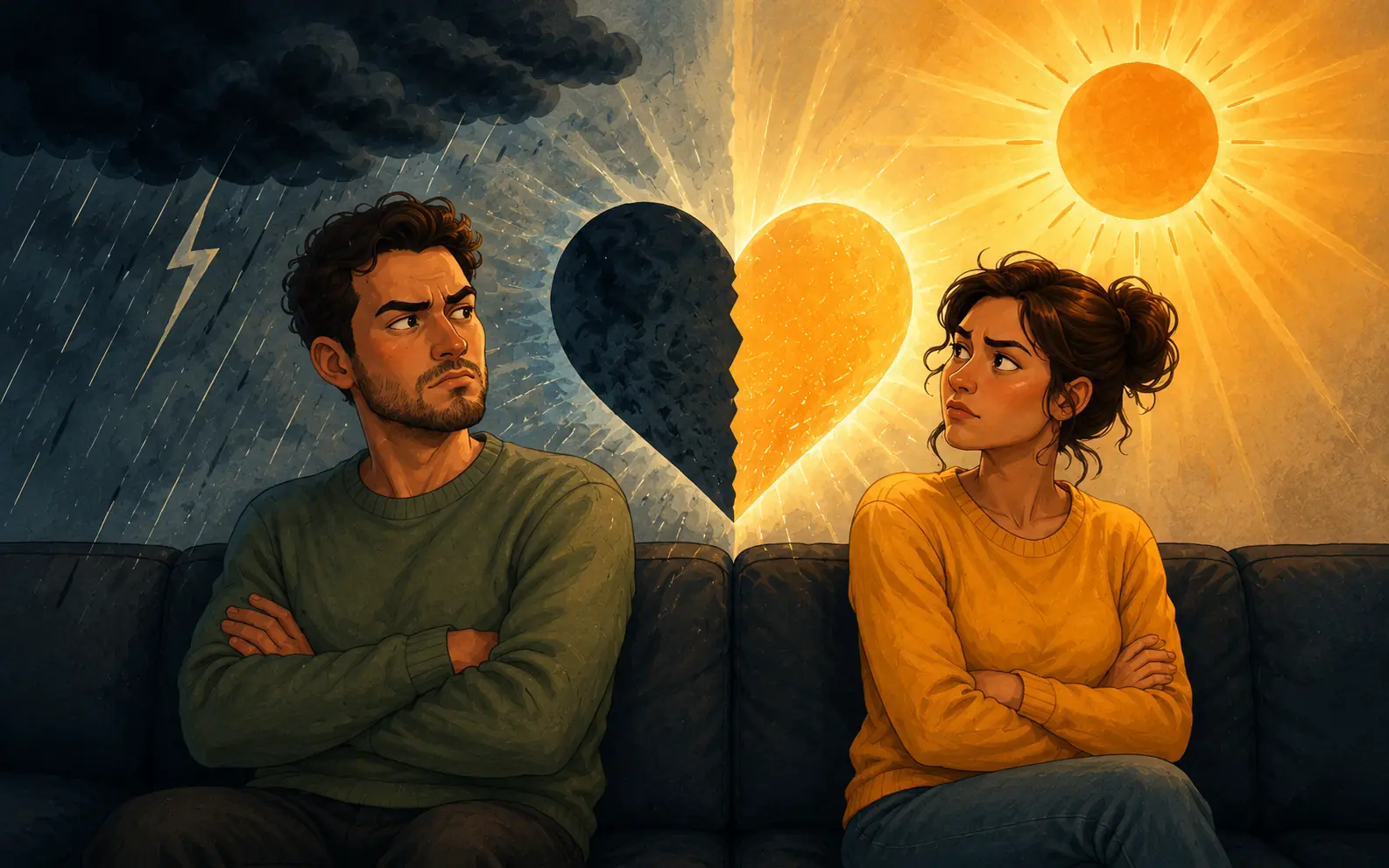 Two people sitting together one animated and the other lovingly exasperated in warm lamplight