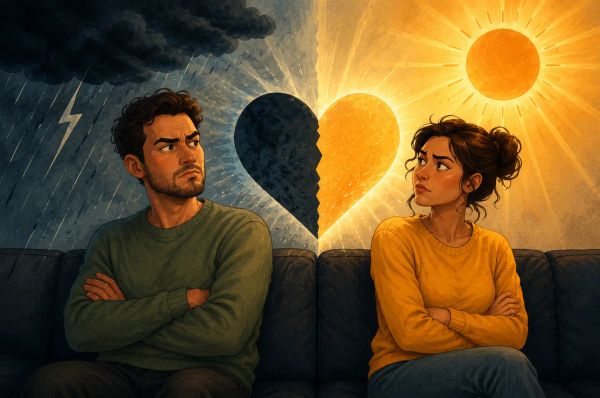 Two people sitting together one animated and the other lovingly exasperated in warm lamplight
