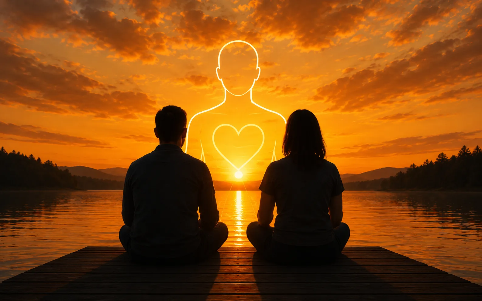 couple sitting together at a dock watching the sunset