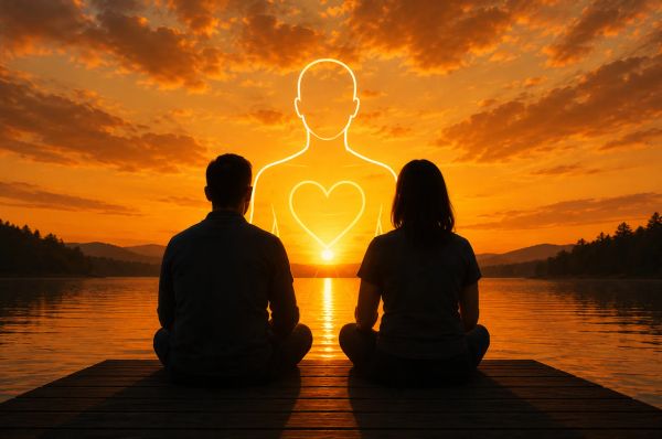 couple sitting together at a dock watching the sunset