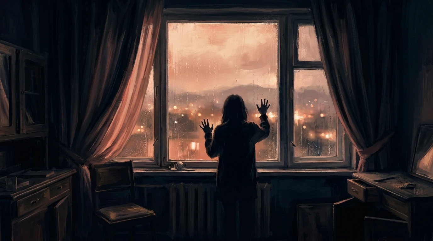 Person looking through a window with heavy curtains at warm light outside from a dark room