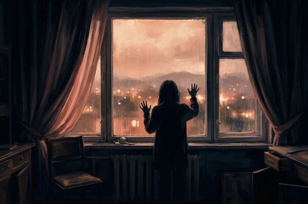 Person looking through a window with heavy curtains at warm light outside from a dark room