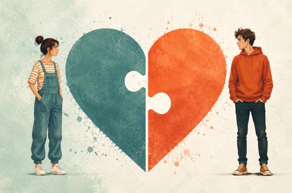 couple standing in front of each other with heart shape representing a puzzle