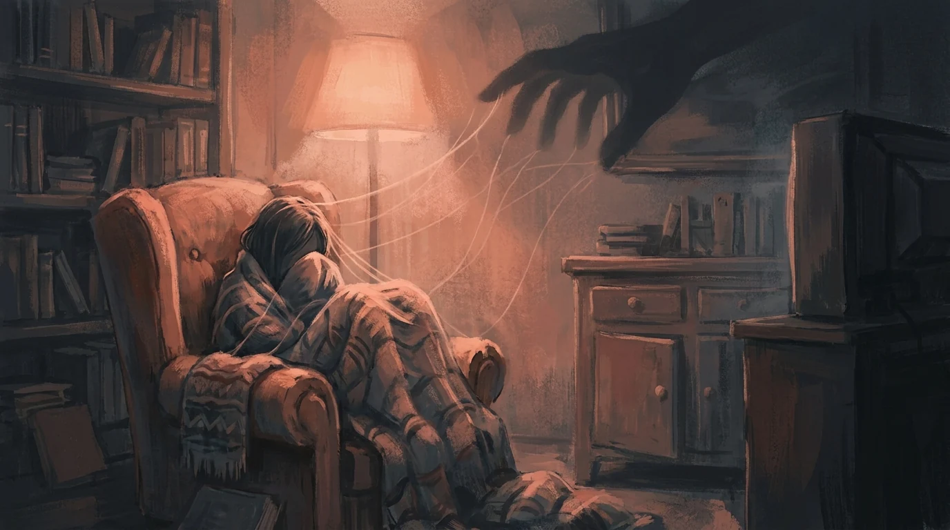 a woman sitting in a dim-lighted living room with visible guilt controling her emotions