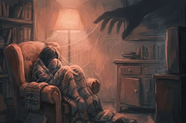 a woman sitting in a dim-lighted living room with visible guilt controling her emotions