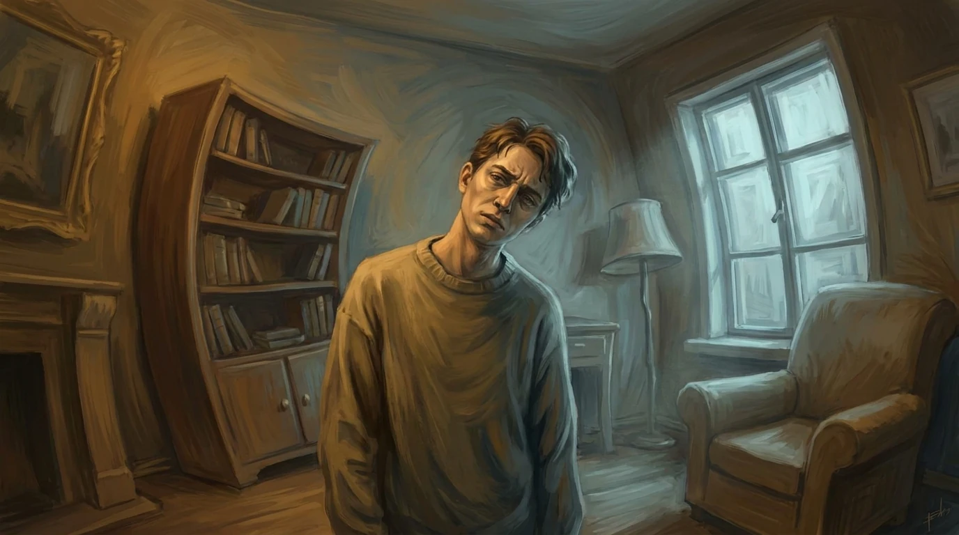 Person looking confused in a room with slightly distorted and tilted surroundings