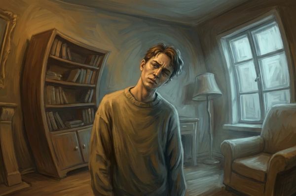 Person looking confused in a room with slightly distorted and tilted surroundings