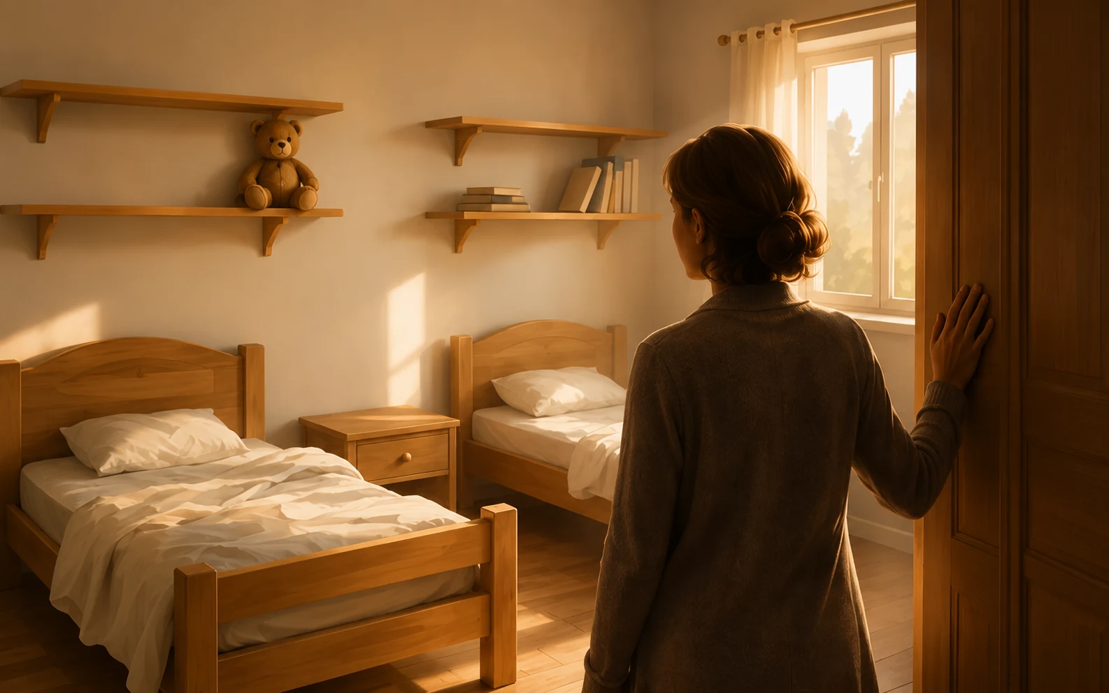 Parent standing in the doorway of a quiet empty children bedroom in warm afternoon light