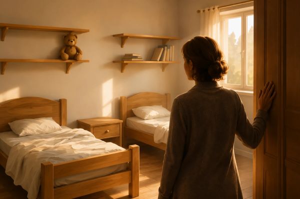 Parent standing in the doorway of a quiet empty children bedroom in warm afternoon light