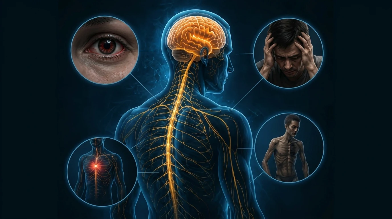 Illustration of a human brain with fractures and electrical pulses showing neurological damage