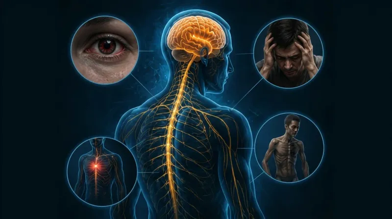 Illustration of a human brain with fractures and electrical pulses showing neurological damage