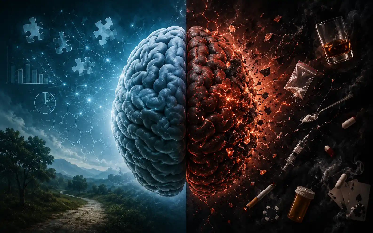 an illustration of a human brain split in half one half is healthy and the other half is in shambles due to addiction