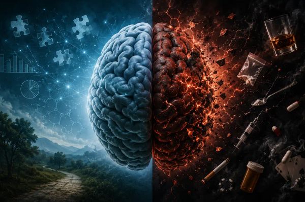 an illustration of a human brain split in half one half is healthy and the other half is in shambles due to addiction