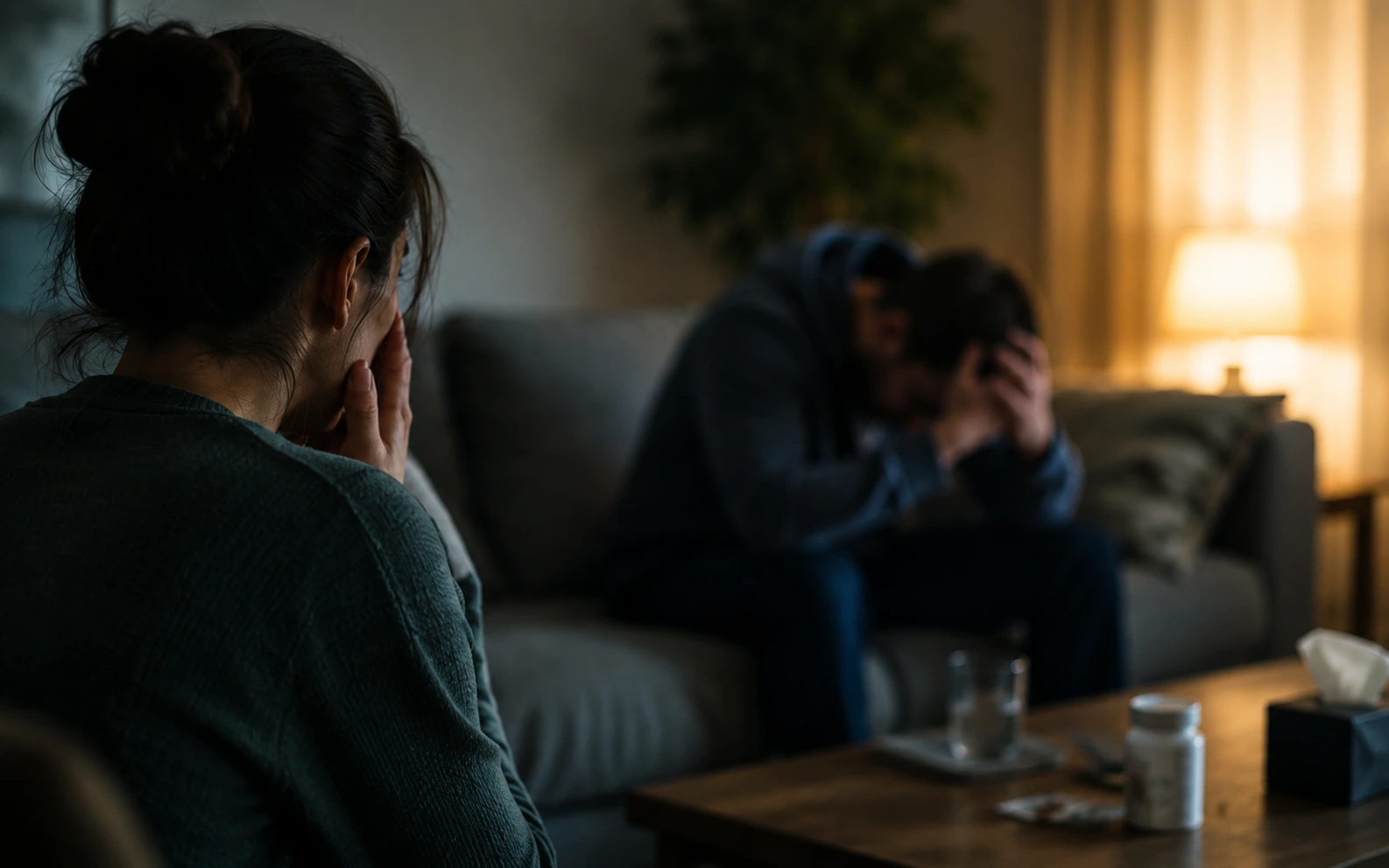Two people sitting together on a sofa one person is worried about the other person that appears to be an addict