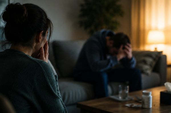 Two people sitting together on a sofa one person is worried about the other person that appears to be an addict