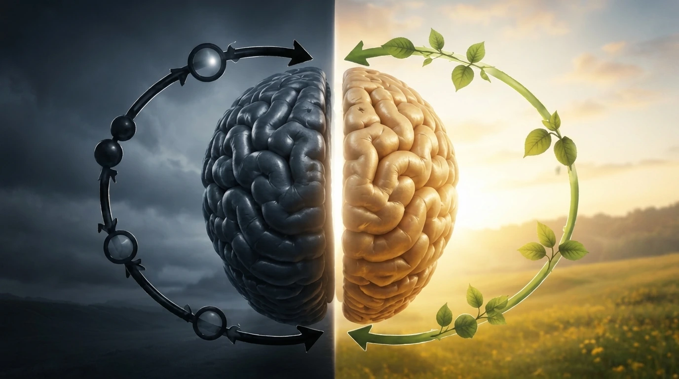 Stylized brain with glowing circular pathways beginning to break with warm light at the break point