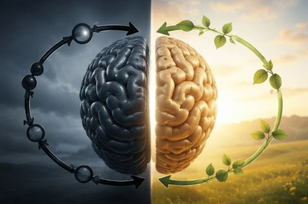 Stylized brain with glowing circular pathways beginning to break with warm light at the break point