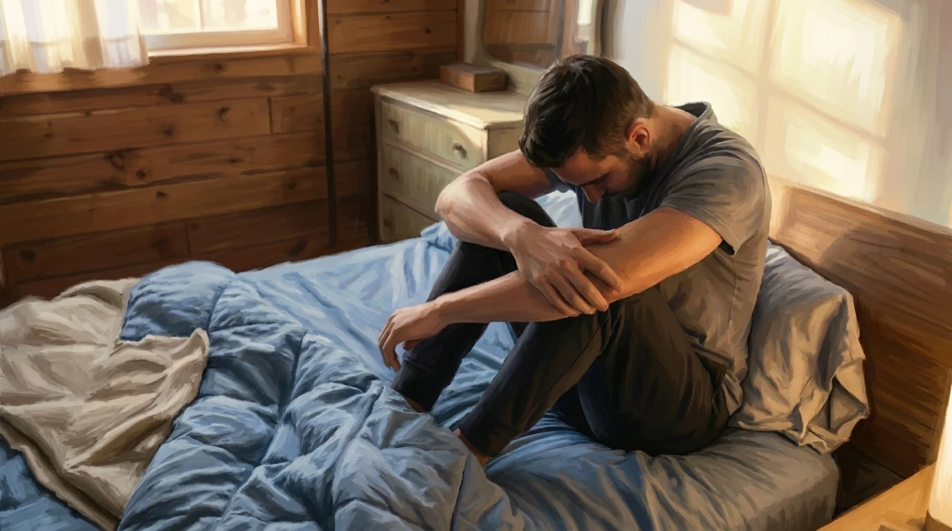 Person sitting on the bed against a wall suffering from pornography addiction withdrawal