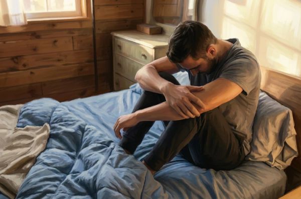 Person sitting on the bed against a wall suffering from pornography addiction withdrawal