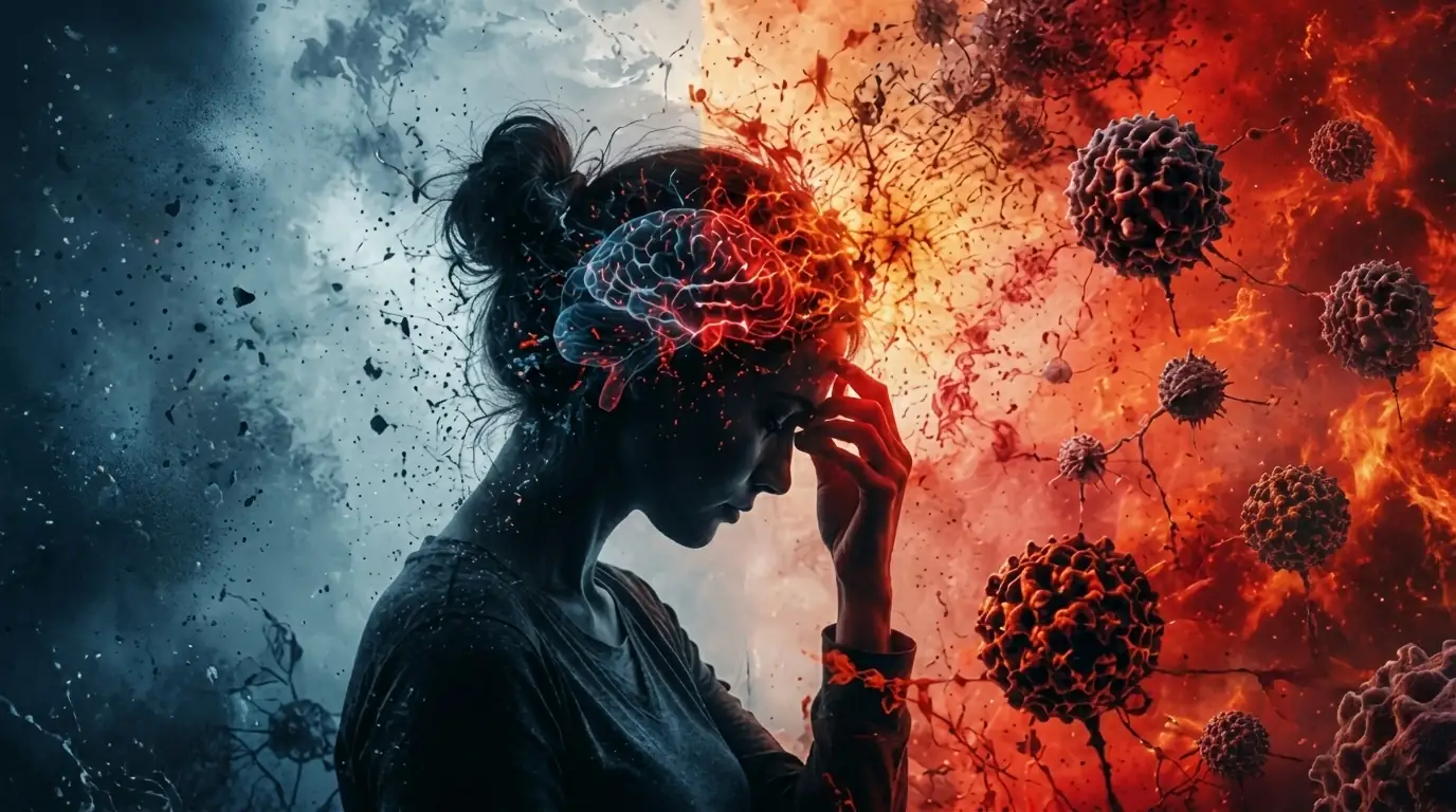 Woman  feeling unwell with a red glow representing chronic inflammation